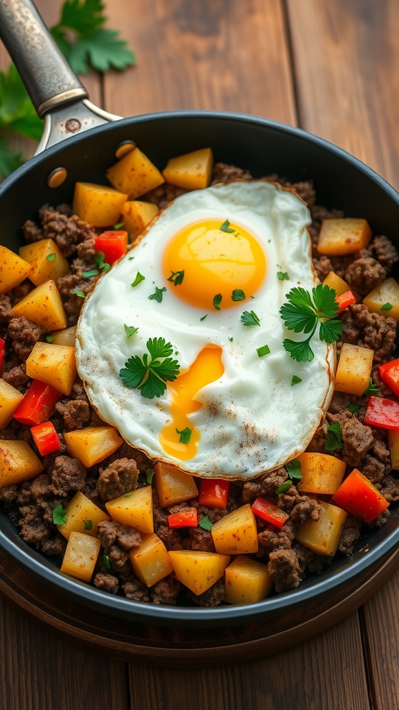 Chopped beef and potato hash in a skillet with fried egg and parsley on a wooden table.